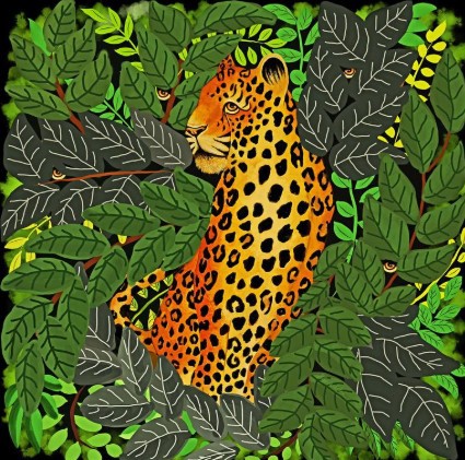 Jaguar in Green Rainforest Jungle Naif Art - Prints